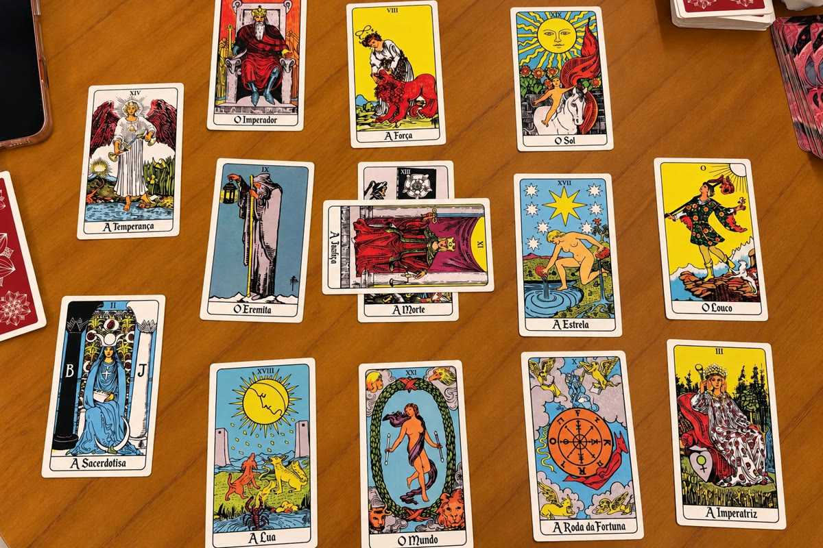 Arcanos maiores do tarô abertos sobre uma mesa de madeira: A Sacerdotisa, O Imperador, A Força, O Sol, A Estrela, O Louco, A Lua, O Mundo, A Roda da Fortuna, A Imperatriz e outros