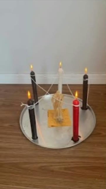 Velas preta, branca e vermelha acesas em uma bandeja, ligadas por fios a uma figura ao centro